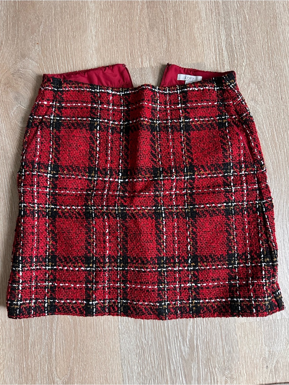 LOFT Red Plaid Tweed Mini Skirt with Black Accents